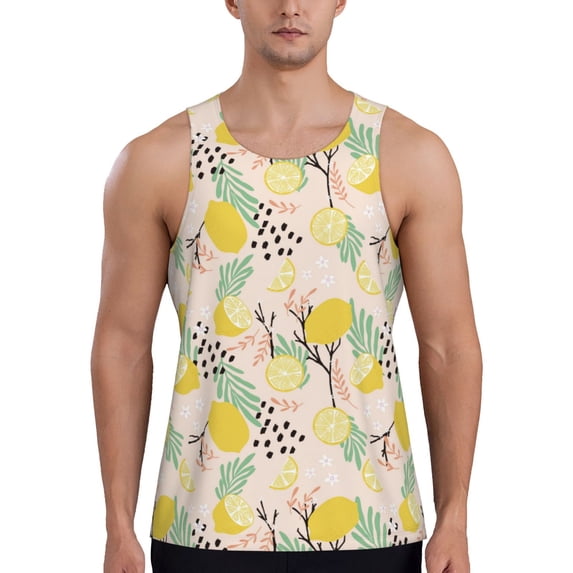 Fotbe Lemon Leaves Pattern Men's Quick Dry Workout Tank Top Gym Muscle Tee Fitness Bodybuilding Sleeveless T Shirt Breathable Workout Shirt-X-Large