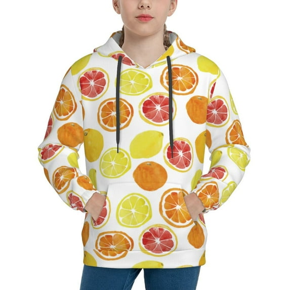 Fotbe Lemon Orange Pattern Youth Pullover Hooded Sweatshirt, Boys Hoodie, Kangaroo Pocket Hoodie for Kids Girls -Large