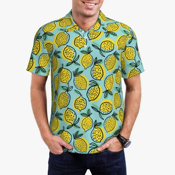 Fotbe Lemon Pattern Men’s Golf Polo Shirt – Breathable Performance Golf Shirt with Button-Down Collar-4X-Large