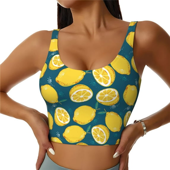 Fotbe Lemon Pattern Womens' Sports Bra Longline Wirefree Padded with Medium Support Sports Moisture-Wicking Workou Vest,Tank Top-