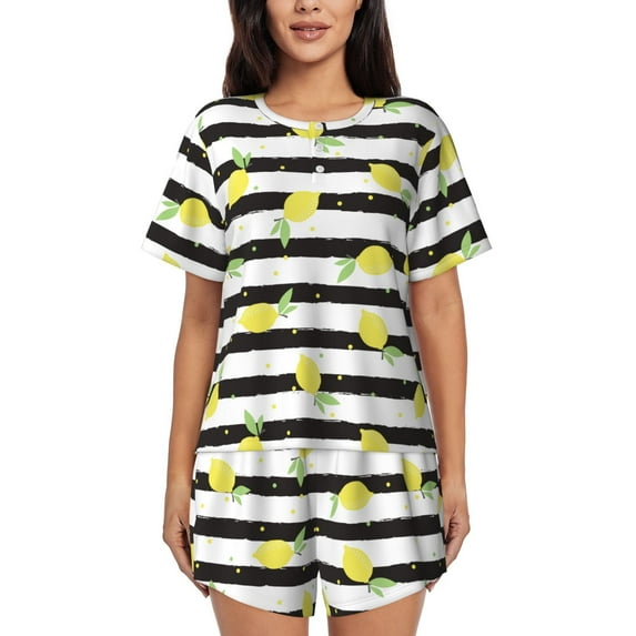 Fotbe Lemon Print Pajama Set for Women 2 Piece Loungewear Short Sleeve Tops and Shorts Set Soft Sleepwear-Medium