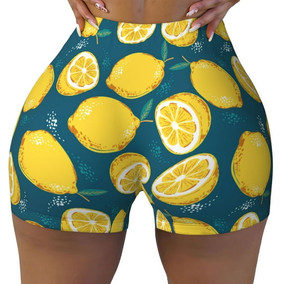 Fotbe Lemon Seamless Shorts, Womens Workout Shorts High Waist Stretch Booty Short for Gym/Yoga/Running/Biking-Large