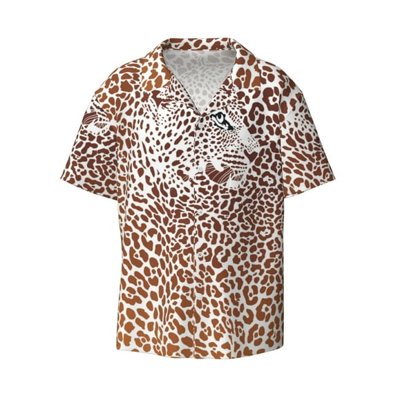 Fotbe Leopard Brown print Short Sleeve Button Down Shirts for Men Casual Summer Beach Wrinkle Free Shirt-Small