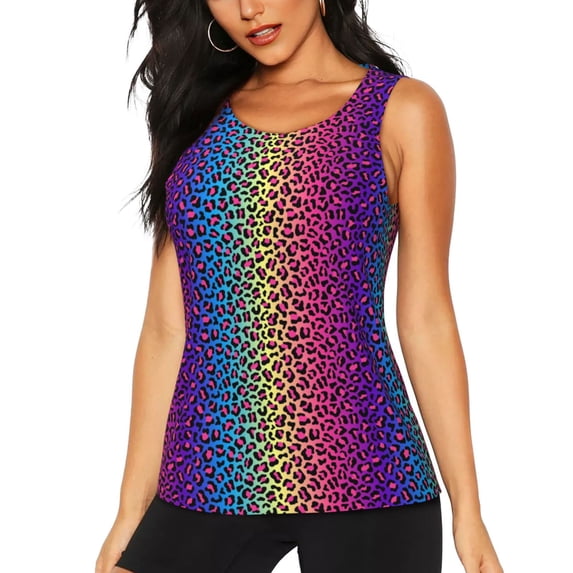 Fotbe Leopard Neon Rainbow Gradient Womens Loose Fit Casual Flowy Slim-Fit Tank Tops Athletic Round Neck Trendy Sleeveless Summer Tops for Gym and Yoga-X-Large
