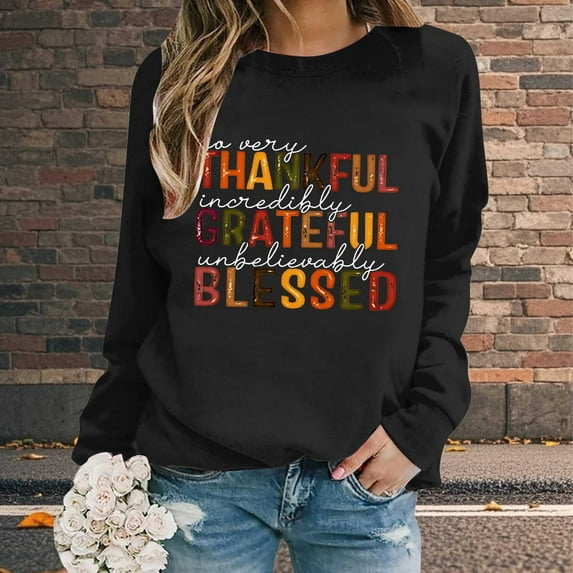 Thanksgiving Oversize Women Long Sleeve Crewneck Sweatshirts Letter Printed Lightweight Loose Sweatshirts Blouse Top Mens Long Sleeve Shirt Zip Hoodie Pocket Women Knit Sweater Pants Set Front Zip