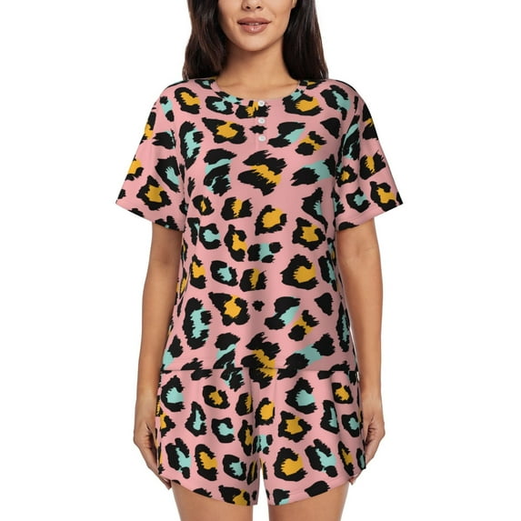 Fotbe Leopard Print Pajama Set for Women 2 Piece Loungewear Short Sleeve Tops and Shorts Set Soft Sleepwear-X-Large