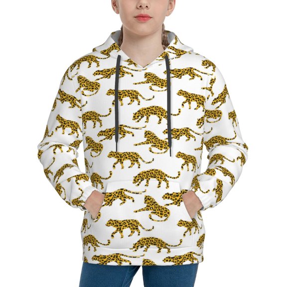 Fotbe Leopard Print Pattern Youth Pullover Hooded Sweatshirt, Boys Hoodie, Kangaroo Pocket Hoodie for Kids Girls -Medium