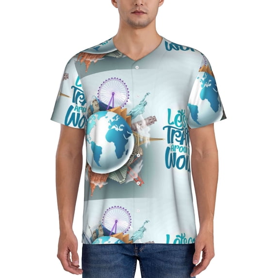 Fotbe Let's go Travel Around the World Baseball Jersey Shirt for Men and Women, Casual Short Sleeves Button Down T-Shirt-Large
