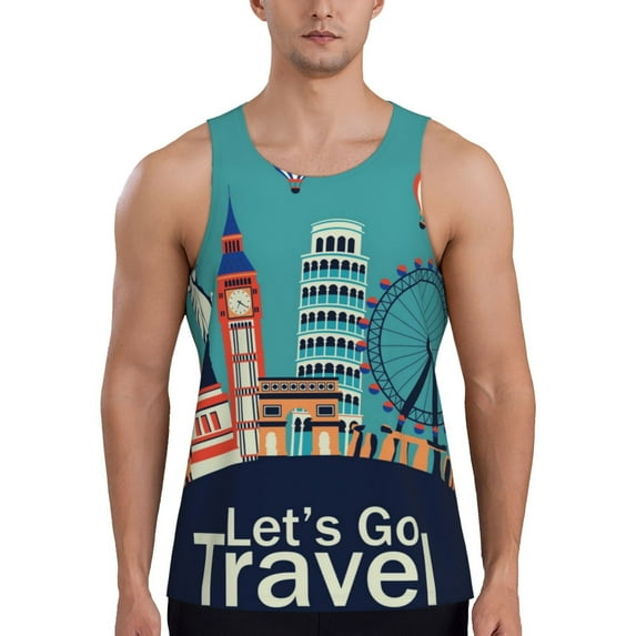 Fotbe Let's go Travel Pattern Men's Quick Dry Workout Tank Top Gym Muscle Tee Fitness Bodybuilding Sleeveless T Shirt Breathable Workout Shirt-Medium