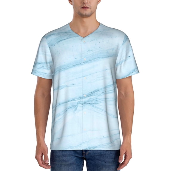 Fotbe Light Blue Marble Baseball Jersey Shirt for Men and Women, Casual Short Sleeves Button Down T-Shirt-Small