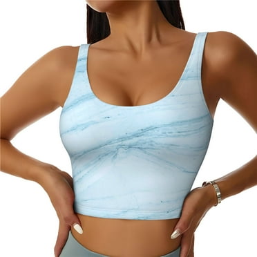 Fotbe Light Blue Marble Pattern Womens' Sports Bra Longline Wirefree Padded with Medium Support Sports Moisture-Wicking Workou Vest,Tank Top-Small