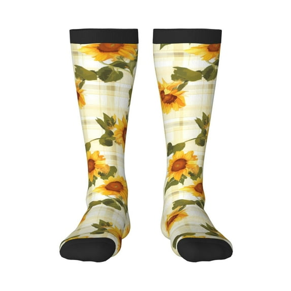 Fotbe Light Green Plaid Sunflower print Women's Men's Novelty Crew Socks Cotton Socks Knee High Socks for Walking,Running,Nurses,Pregnancy