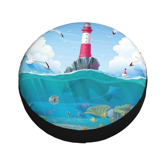 Fotbe Lighthouse Sea Port Spare Tire Cover Thickening Universal Fit for Jeep, Trailer, RV, SUV, Truck, Tough Tire Wheel Soft Cover-14 inch