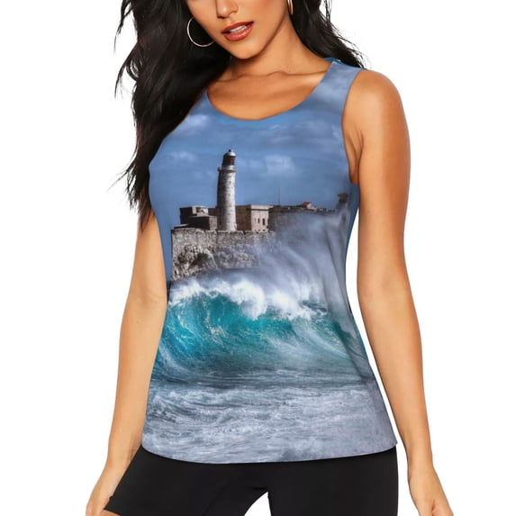 Fotbe Lighthouse in Havana Womens Loose Fit Casual Flowy Slim-Fit Tank Tops Athletic Round Neck Trendy Sleeveless Summer Tops for Gym and Yoga-