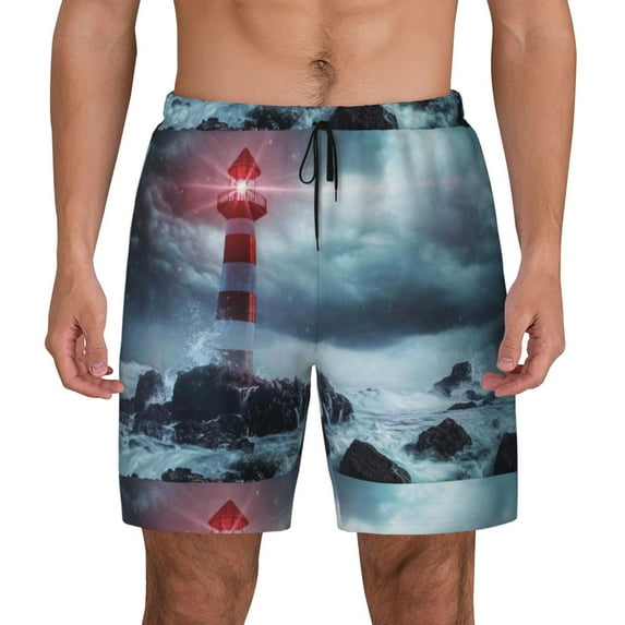 Fotbe Lighthouse in a Stormy Sea Men’s Swim Trunks Quick Dry Swim Shorts Board Shorts with Mesh Lining-XX-Large