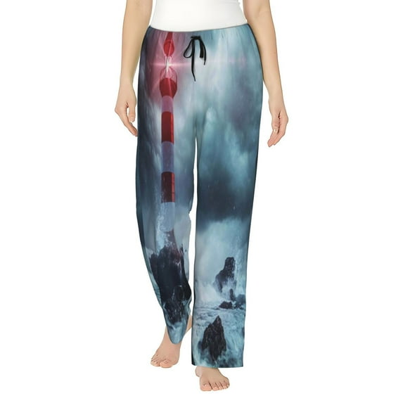 Fotbe Lighthouse in a Stormy Sea Women's Pajama Pants,Sleepwear Pants,Pj Bottoms Drawstring And Pockets-Medium