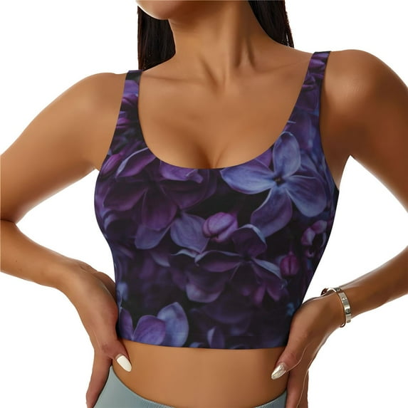 Fotbe Lilac Pattern Womens' Sports Bra Longline Wirefree Padded with Medium Support Sports Moisture-Wicking Workou Vest,Tank Top-X-Large