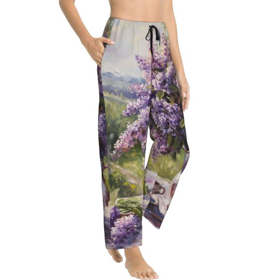 Fotbe Lilacs Teapot Scenic Painting Women's Pajama Pants,Sleepwear Pants,Pj Bottoms Drawstring And Pockets-