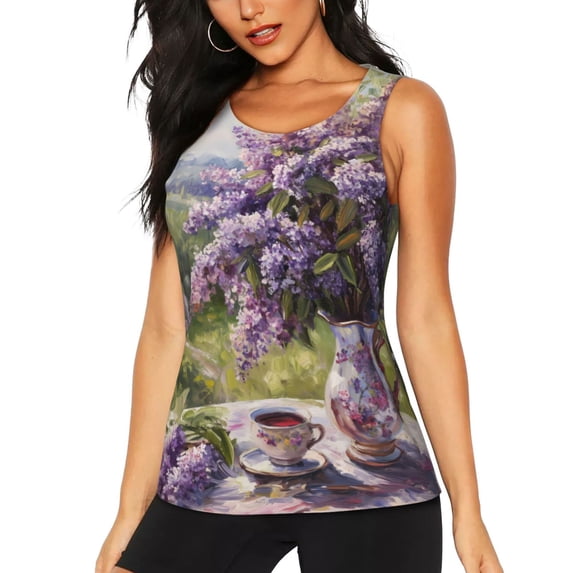 Fotbe Lilacs Teapot Scenic Painting Womens Loose Fit Casual Flowy Slim-Fit Tank Tops Athletic Round Neck Trendy Sleeveless Summer Tops for Gym and Yoga-X-Large