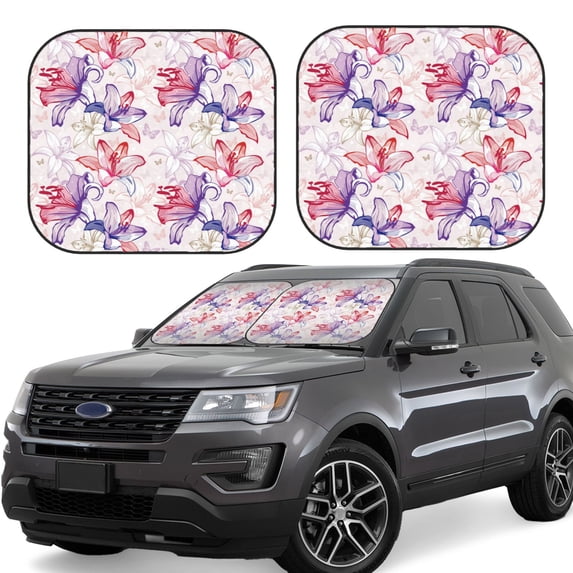 Fotbe Lilies Flowers 2-Piece Car Windshield Sun Shade | Sun Blocker for Car Windshield | Foldable Automotive Interior Accessories for Sun Protection-Small