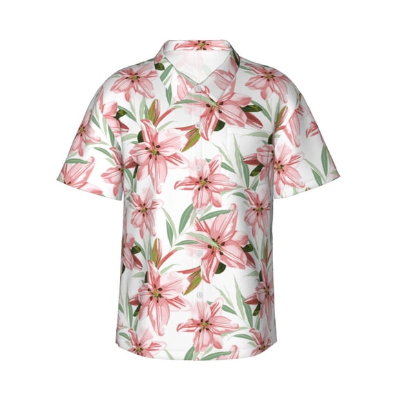 Fotbe Lilies Flowers Hawaiian Shirt for Men Unisex Summer Beach Casual Short Sleeve Cotton Linen Button Down Shirts-Large