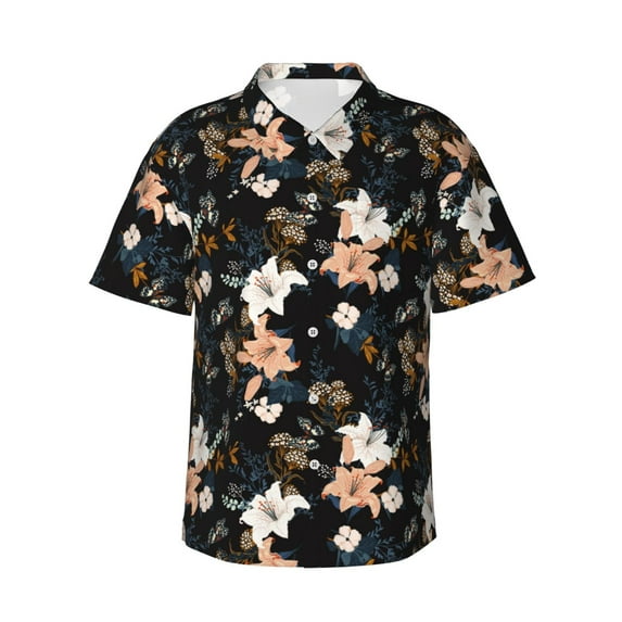Fotbe Lilies Flowers Hawaiian Shirt for Men Unisex Summer Beach Casual Short Sleeve Cotton Linen Button Down Shirts-Small