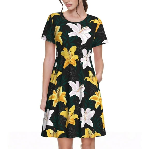 Fotbe Lilies Flowers Pattern Dress Casual Womens Fashion Short Sleeve Maxi Dress T Shirt Dress Striped Long Color Block Maxi Dress