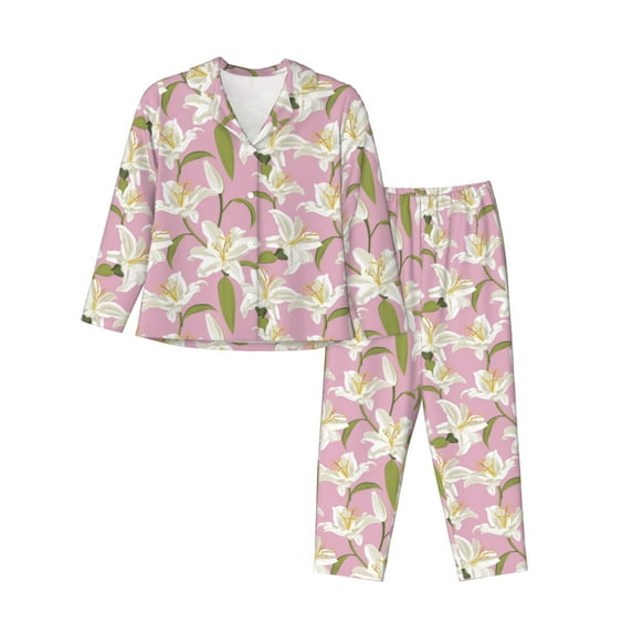 Fotbe Lilies Flowers Pattern Long Sleeve Pajama Set for Women,Sleepwear Set,2-piece Loungewear Set,Soft PJs Comfy Nightwear with Pockets -Medium