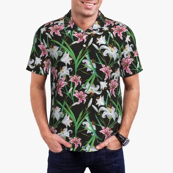 Fotbe Lilies Flowers Pattern Men’s Golf Polo Shirt – Breathable Performance Golf Shirt with Button-Down Collar-Large