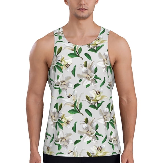 Fotbe Lilies Flowers Pattern Men's Quick Dry Workout Tank Top Gym Muscle Tee Fitness Bodybuilding Sleeveless T Shirt Breathable Workout Shirt-4X-Large