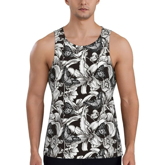 Fotbe Lilies Flowers Pattern Men's Quick Dry Workout Tank Top Gym Muscle Tee Fitness Bodybuilding Sleeveless T Shirt Breathable Workout Shirt-XX-Large
