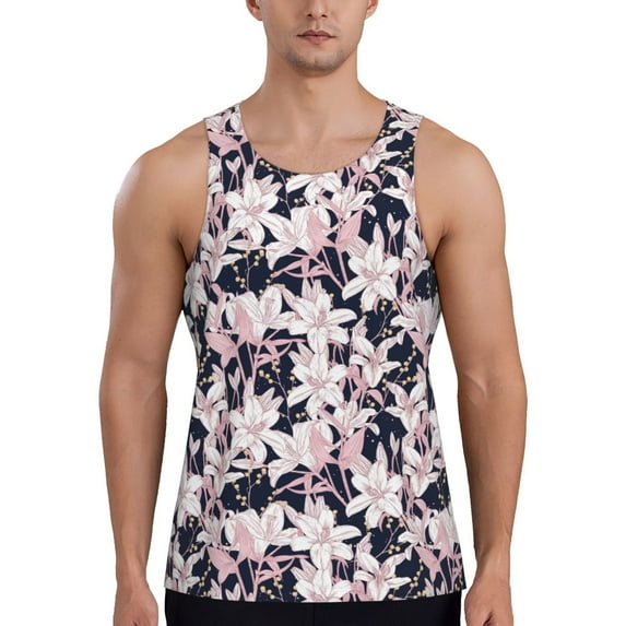 Fotbe Lilies Flowers Pattern Men's Quick Dry Workout Tank Top Gym Muscle Tee Fitness Bodybuilding Sleeveless T Shirt Breathable Workout Shirt-