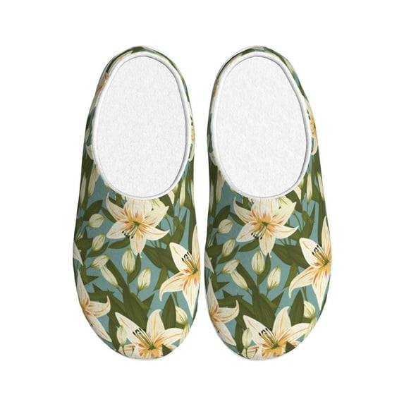 Fotbe Lilies Flowers Pattern Women's Fuzzy Curly Fur Memory Foam Loafer Slippers Indoor Outdoor Slippers Winter Home Shoes-37/38