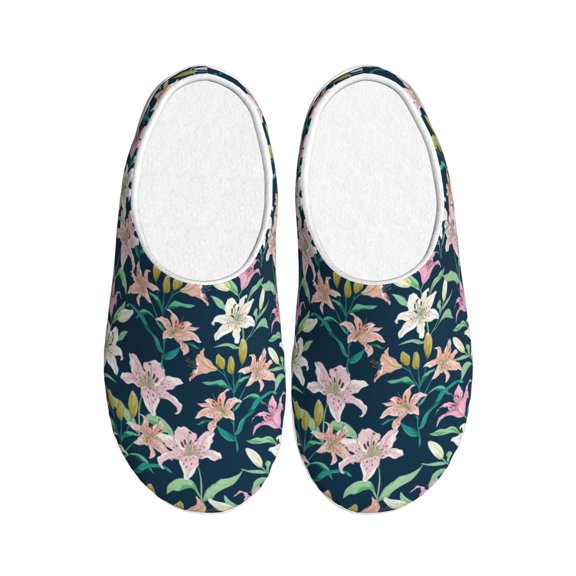Fotbe Lilies Flowers Pattern Women's Fuzzy Curly Fur Memory Foam Loafer Slippers Indoor Outdoor Slippers Winter Home Shoes-42/43