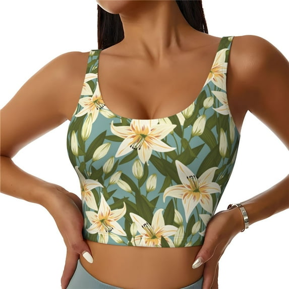 Fotbe Lilies Flowers Pattern Womens' Sports Bra Longline Wirefree Padded with Medium Support Sports Moisture-Wicking Workou Vest,Tank Top-X-Large