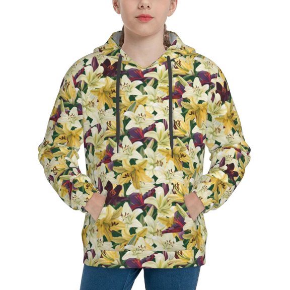 Fotbe Lilies Flowers Pattern Youth Pullover Hooded Sweatshirt, Boys Hoodie, Kangaroo Pocket Hoodie for Kids Girls -Large