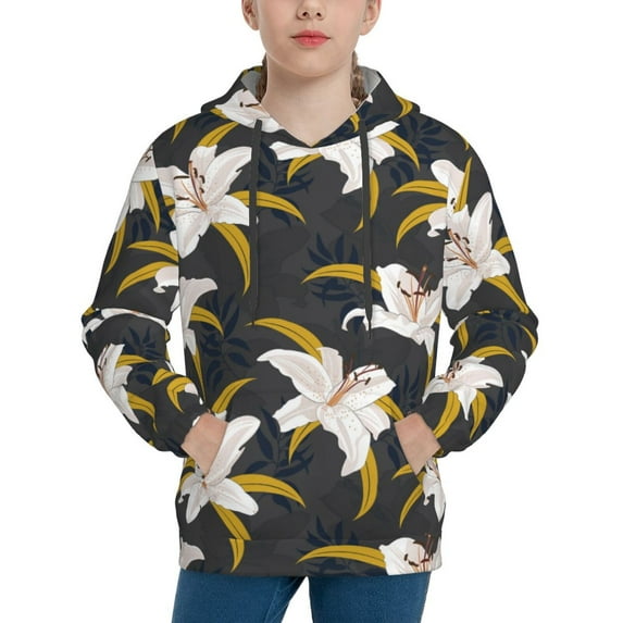 Fotbe Lilies Flowers Pattern Youth Pullover Hooded Sweatshirt, Boys Hoodie, Kangaroo Pocket Hoodie for Kids Girls -Medium