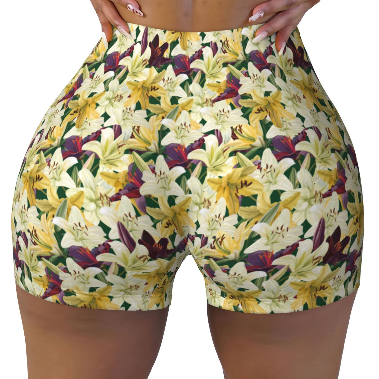 Fotbe Lilies Flowers Seamless Shorts, Womens Workout Shorts High Waist