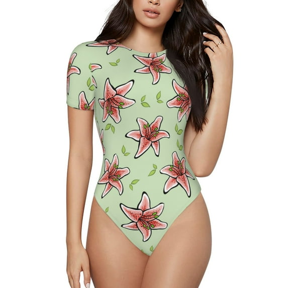 Fotbe Lilies Flowers Women's Crew Neck Short Sleeves Bodysuit Tops Round Neck Slim Sleeveless Soft Comfortable Basic-Large