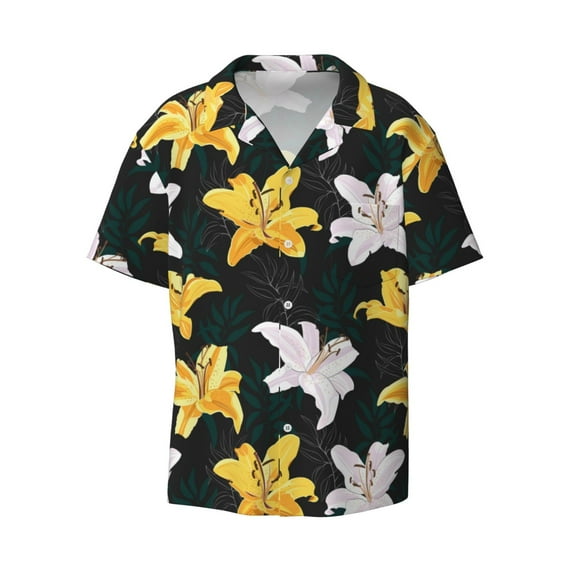 Fotbe Lilies Flowers print Short Sleeve Button Down Shirts for Men Casual Summer Beach Wrinkle Free Shirt-Medium