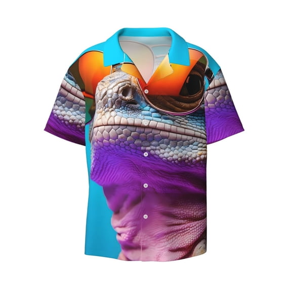 Fotbe Lizard With Sunglasses Colorful print Short Sleeve Button Down Shirts for Men Casual Summer Beach Wrinkle Free Shirt-Medium