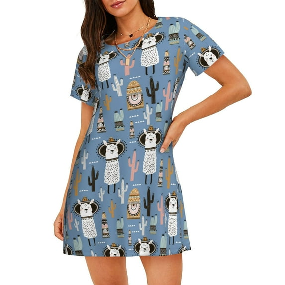 Fotbe Llamas And Cactus Pattern Women's Cotton Nightgown Sleepwear Short Sleeves Shirt Casual Print Sleepdress