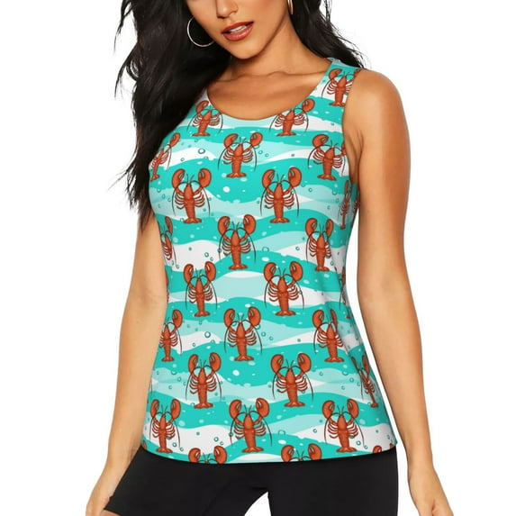 Fotbe Lobsters Of Turquoise Waves Womens Loose Fit Casual Flowy Slim-Fit Tank Tops Athletic Round Neck Trendy Sleeveless Summer Tops for Gym and Yoga-