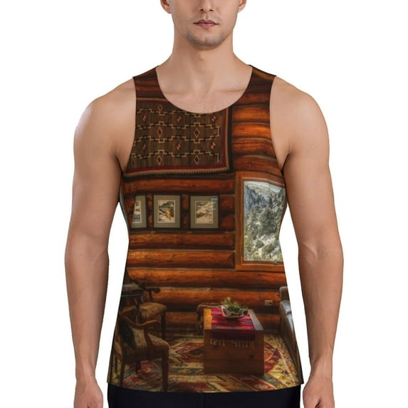 Fotbe Log Cabin Inside Pattern Men's Quick Dry Workout Tank Top Gym Muscle Tee Fitness Bodybuilding Sleeveless T Shirt Breathable Workout Shirt-X-Large