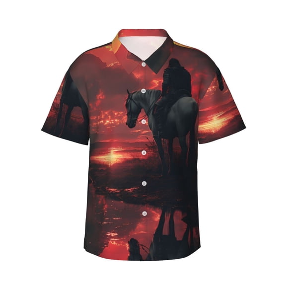 Fotbe Lone Rider Under Red Sky Hawaiian Shirt for Men Unisex Summer Beach Casual Short Sleeve Cotton Linen Button Down Shirts-XX-Large
