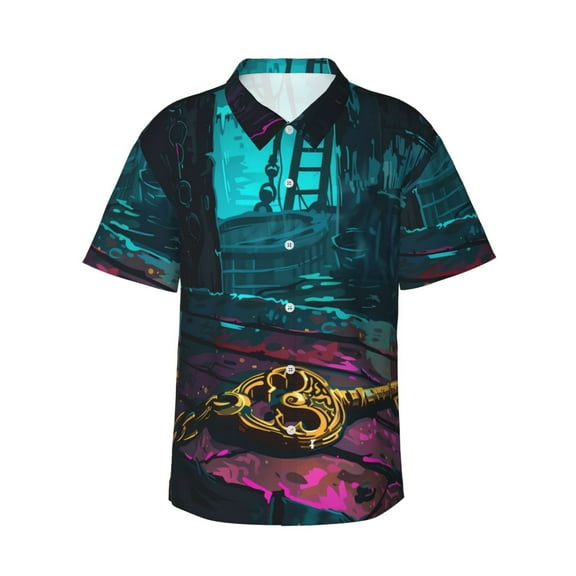 Fotbe Lost Golden Key Hawaiian Shirt for Men Unisex Summer Beach Casual Short Sleeve Cotton Linen Button Down Shirts-XX-Large