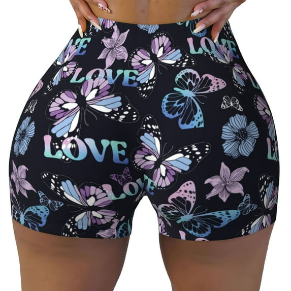 Fotbe Love Butterflies Seamless Shorts, Womens Workout Shorts High Waist Stretch Booty Short for Gym/Yoga/Running/Biking-Small