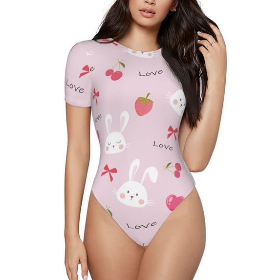 Fotbe Love Rabbit Women's Crew Neck Short Sleeves Bodysuit Tops Round Neck Slim Sleeveless Soft Comfortable Basic-Small