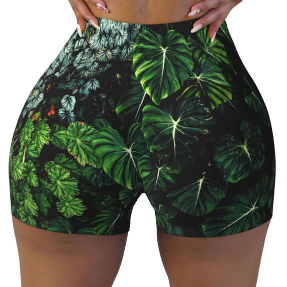Fotbe Lush Foliage Green Plant Seamless Shorts, Womens Workout Shorts High Waist Stretch Booty Short for Gym/Yoga/Running/Biking-Medium