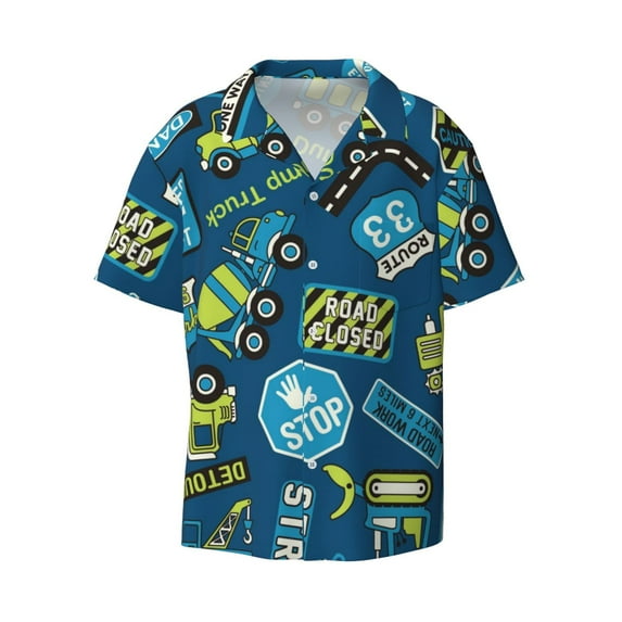 Fotbe Machinery Road Construction print Short Sleeve Button Down Shirts for Men Casual Summer Beach Wrinkle Free Shirt-Small